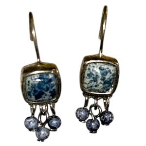 Vintage earrings dainty silver Blue moonstone dangle dropped beads hook square